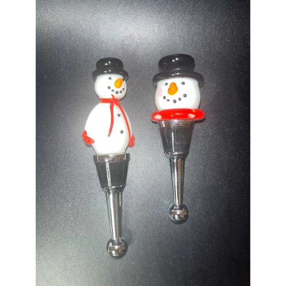 Art Glass Wine Stoppers Winter Snowman Set Of 2 - Picture 2 of 4